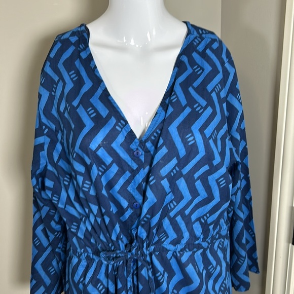 Gudrun Sjoden Blue Organic Cotton Dress Geometric Patterned Cinched Waist Sz L - Picture 2 of 14